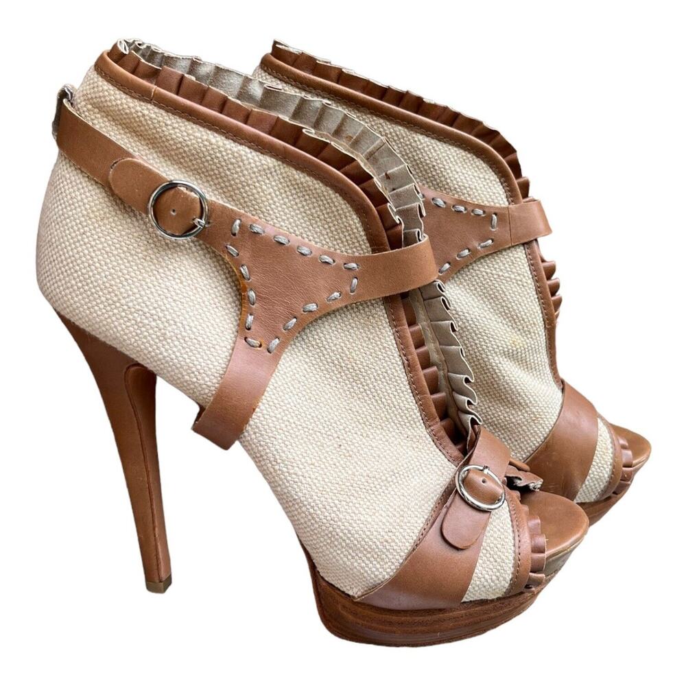 Velvet Angels Womens Platform Peep Toe Tan Leather Woven Pumps Sz 37.5 EU 6.5 US